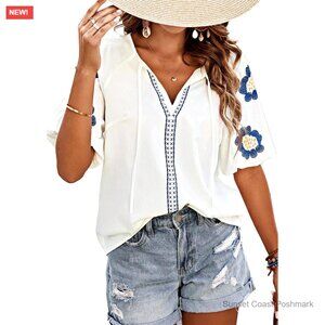 Puff Sleeve V Neck Blouse Floral Embroidered Casual Summer Top